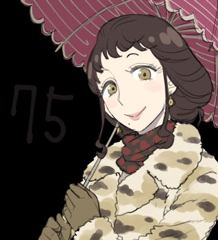 Rule 34 | 1girl, absurdres, animal ears, brown coat, brown eyes, brown gloves, brown hair, coat, commentary request, endou tatsuya, eyelashes, gloves, highres, holding, holding umbrella, mature female, melinda desmond, mole, mole under eye, parasol, sidelocks, solo, spy x family, umbrella, upper body