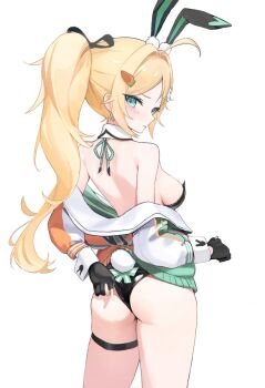 adjusting_clothes adjusting_leotard ahoge animal_ears arm_behind_back ass bare_back black_gloves black_leotard black_survival blonde_hair blue_eyes blush breasts closed_mouth collar commentary cowboy_shot detached_collar eternal_return:_black_survival fake_animal_ears fake_tail from_behind gloves green_jacket hair_ornament hairclip highres jacket jacket_partially_removed large_breasts leotard long_hair long_sleeves multicolored_jacket nicky_blake nicky_blake_(bad_beat) orange_jacket partially_fingerless_gloves playboy_bunny ponytail rabbit_ears sidelocks simple_background tail takealook thigh_strap thighs white_background white_collar white_jacket white_wrist_cuffs wrist_cuffs