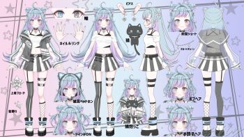 allymidorikawa belt black_belt blue_eyes blue_hair blush cat cieste closed_mouth colored_inner_hair commentary crop_top cropped_shirt double_bun earrings echo_hachiko garter_straps gradient_background gradient_hair grey_eyes grey_jacket grey_skirt grey_thighhighs hair_bun heterochromia highres jacket jewelry long_hair multicolored_hair multiple_rings official_art open_clothes open_jacket pleated_skirt purple_hair ring second-party_source see-through_clothes see-through_footwear see-through_sleeves shirt side_up_bun single_fishnet_legwear single_garter_strap single_thighhigh skirt smile star_(symbol) thighhighs translation_request virtual_youtuber white_shirt white_skirt