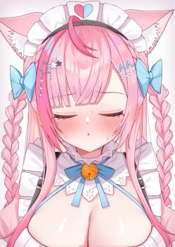 1girl ahoge ame_(rakugaki_0922) animal_ears bell blue_bow blue_ribbon blush bow braid breasts cat_ears cat_girl cat_hair_ornament cleavage close-up closed_eyes dress extra_ears food hair_bow hair_ornament hairclip heart heart_print highres indie_virtual_youtuber jingle_bell large_breasts long_hair maid maid_headdress neck_bell neck_ribbon open_mouth pink_dress pink_hair ribbon solo star_(symbol) star_hair_ornament suspenders sweat two_side_up virtual_youtuber white_dress yuuki_sakuna yuuki_sakuna_(3rd_costume)