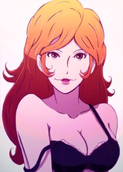 1girl bare_shoulders black_bra bra brown_eyes collarbone commentary_request lingerie lips lipstick long_hair looking_at_viewer lupin_iii makeup mine_fujiko off_shoulder open_mouth orange_hair pastel_colors pink_lips simple_background smile solo spaghetti_strap suggypop999 underwear upper_body wavy_hair