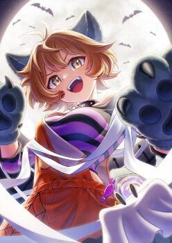1girl animal_ears animal_hands breasts brown_eyes brown_hair full_moon gloves halloween_costume highres kantai_collection large_breasts moon oboro_(halloween)_(kancolle) oboro_(kancolle) official_alternate_costume open_mouth orange_overalls overalls paw_gloves print_overalls rlyo_(ryo_relation) shirt short_hair solo sticker sticker_on_face striped_clothes striped_shirt wolf_ears