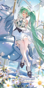 1girl absurdres arm_tattoo blurry blurry_background bouquet cloudyman dress elbow_gloves ferris_wheel flower gloves green_eyes green_hair hair_between_eyes hair_ornament hatsune_miku high_heels highres holding holding_bouquet long_hair miku_symphony_(vocaloid) number_tattoo open_mouth pumps sitting smile solo tattoo thighhighs twintails very_long_hair vocaloid white_dress white_flower white_gloves white_thighhighs