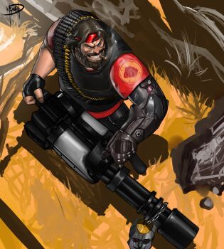 1boy absurdres alternate_costume alternate_hairstyle ammunition_belt artist_self-insert bandolier beard belt blue_eyes brown_hair cigar crossover cyborg deus_ex deus_ex:_human_revolution facial_hair fingerless_gloves from_above gatling_gun gloves grin gun headband heavy_(tf2) highres male_focus megaween minigun red_heavy_(tf2) signature single_glove smile smoking solo team_fortress_2 weapon