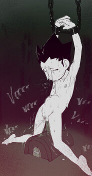 1boy absurdres anonanim arms_up commentary completely_nude cuntboy english_commentary female_ejaculation forced_orgasm fucked_silly gon_freecss highres hunter_x_hunter nipples nude orgasm pussy_juice riding_machine sex_machine shota solo stomach_bulge sybian tear_troughs tongue tongue_out