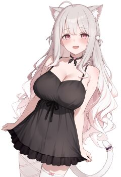 1girl absurdres ahoge animal_ears bare_shoulders bell belt black_belt black_camisole black_choker black_ribbon blush bow bow_legwear breasts camisole cat_ears cat_girl cat_ornament cat_tail choker cleavage collarbone fingernails gradient_hair hair_ornament highres indie_virtual_youtuber jingle_bell large_breasts long_hair looking_at_viewer mole mole_under_eye multicolored_hair myuu_(arisumeria) nail_polish neck_bell open_mouth pantyhose pink_bow pink_eyes pink_hair pink_nails pom_pom_(clothes) pom_pom_hair_ornament ribbon shoulder_blush simple_background single_leg_pantyhose single_thighhigh skirt_hold smile solo tail tail_belt thigh_bow thighhighs thighs two-tone_hair two_side_up uise_iu virtual_youtuber white_background white_pantyhose white_tail white_thighhighs