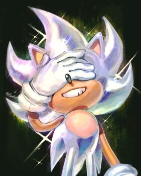 Rule 34 | 1boy, animal ears, animal nose, artist name, aura, black background, covering face, covering own eyes, furry, furry male, gloves, green eyes, grin, hand on own face, hand over eye, hedgehog, highres, hyper sonic, kornart, male focus, simple background, smile, solo, sonic (series), sonic the hedgehog, sparkle, standing, tail, teeth, white gloves, yellow fur