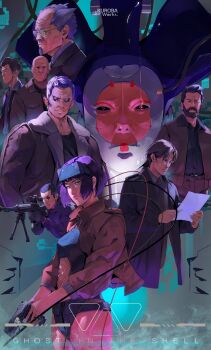 1girl 6+girls absurdres android bald bipod blue_eyes cyborg ghost_in_the_shell ghost_in_the_shell_(2017) glasses gun handgun head-mounted_display highres holding holding_gun holding_weapon kurobameiyos multiple_girls rifle scope sniper_rifle weapon