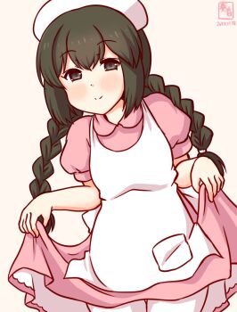 1girl alternate_costume apron artist_logo black_hair blush braid breasts commentary_request cowboy_shot dated dress hair_ribbon hat isonami_(kancolle) kanon_(kurogane_knights) kantai_collection logo long_hair looking_at_viewer nurse nurse_cap pantyhose pink_dress ribbon short_sleeves smile solo white_pantyhose