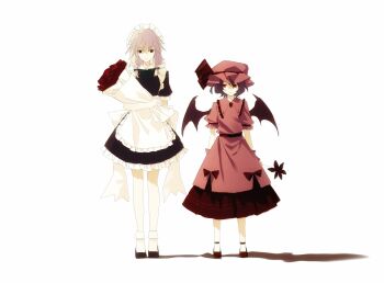 2girls apron bat_wings black_dress black_shoes blank_eyes bouquet braid chinese_commentary commentary_request dress expressionless flower frills full_body hat highres holding holding_bouquet izayoi_sakuya light_smile maid maid_apron maid_headdress medium_hair mob_cap multiple_girls pink_dress red_eyes red_flower red_rose red_shoes remilia_scarlet rose shoes short_sleeves socks standing touhou twin_braids vampire white_hair white_socks wings zhihuaiqiang