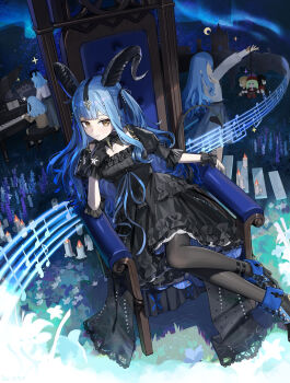 1girl 2girls absurdres amoris_(bang_dream!) arknights aurora ave_mujica_(bang_dream!) bang_dream! bang_dream!_it&#039;s_mygo!!!!! black_boots black_dress black_gloves black_horns black_pantyhose black_ribbon blue_hair boots breasts candle character_doll commentary_request crescent curled_horns detached_collar doll doloris_(bang_dream!) dor_m dress fire floating_stairs flower frilled_dress frills gloves hair_ribbon high_heel_boots high_heels highres horns instrument long_hair looking_at_viewer medium_breasts misumi_uika mortis_(bang_dream!) mortis_(costume)_(bang_dream!) mother_and_daughter multiple_girls multiple_views musical_staff pantyhose piano ribbon sidelocks single_glove sitting sitting_on_throne solo timoris_(bang_dream!) togawa_mizuho togawa_sakiko togawa_sakiko_(master_of_melodia) two_side_up wakaba_mutsumi wrist_cuffs yahata_umiri yellow_eyes yuutenji_nyamu