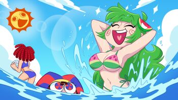 3girls absurdres arms_behind_back arms_behind_head arms_up ass back ball bikini blue_eyes blue_sky breasts brown_hair cleavage closed_eyes cloud colored_skin commentary davidbaronart day detached_eyes dimples_of_venus english_commentary food food-themed_hair_ornament food_print from_behind fruit fruit_print green_hair hair_between_eyes hair_ornament hat heart-shaped_throat highres holding holding_ball in_water indie_virtual_youtuber jester jester_cap large_breasts long_hair melon mini_melon_(vannamelon) multicolored_eyes multicolored_hat multiple_girls navel open_mouth outdoors ragatha_(the_amazing_digital_circus) red_eyes red_hair shiny_skin sky slice smile spiral_cheeks striped_clothes striped_headwear sun sun_(the_amazing_digital_circus) swimsuit teeth the_amazing_digital_circus two-tone_eyes upper_teeth_only vanna_melon vertical-striped_clothes vertical-striped_headwear virtual_youtuber volleyball volleyball_(object) water watermelon watermelon_hair_ornament watermelon_print watermelon_print_bikini watermelon_slice white_skin