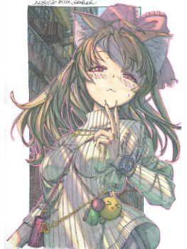 1girl animal_charm animal_ears bag belly_chain border bow breasts brown_hair building chain chain_necklace charm_(object) cyberpunk dated denim eyeshadow fingernails fox_ears fox_girl hair_bow hair_flowing_over highres jeans jewelry long_fingernails makeup making-of_available marker_(medium) medium_breasts meiz narrowed_eyes naughty_face necklace original outline painting_(medium) pants pink_bow pink_outline raised_eyebrows red_eyes red_eyeshadow red_lips shikishi shoulder_bag solo sweat sweater swept_bangs traditional_media turtleneck turtleneck_sweater upper_body watch watercolor_(medium) white_sweater wristwatch