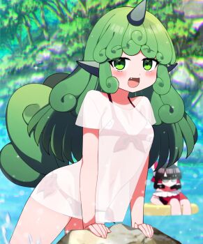 2girls alternate_costume bikini bikini_under_clothes blush bow brown_hair chromatic_aberration commentary_request curly_hair fang forest frilled_bow frilled_hair_tubes frills green_eyes green_hair hair_bow hair_tubes hakurei_reimu highres horns komainu_girl komano_aunn long_hair multiple_girls nature open_mouth outdoors red_bikini red_bow see-through_clothes see-through_shirt shirt short_sleeves side-tie_bikini_bottom single_horn smile solo_focus sunglasses swim_ring swimsuit tail touhou very_long_hair water white_shirt you_(noanoamoemoe)