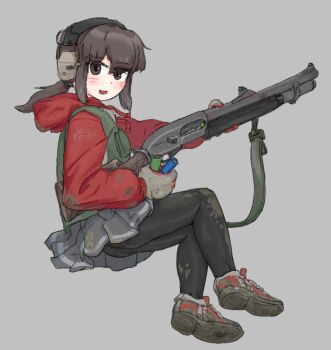 Rule 34 | 1girl, ammunition, black pantyhose, brown eyes, brown hair, bulletproof vest, dirty, dirty clothes, full body, gloves, grey background, grey skirt, gun, gun sling, holding, holding gun, holding weapon, hood, hood down, hoodie, looking at viewer, low ponytail, original, pantyhose, pleated skirt, ponytail, pump action, qoni321, red hoodie, reloading, shoes, short ponytail, shotgun, shotgun shell, sidelocks, simple background, skirt, smile, sneakers, solo, weapon