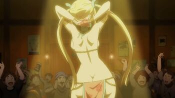 1girl 6+boys alternate_costume alternate_hairstyle animated animated_gif anime_screenshot anklet armlet ass back backboob barefoot belly_dancer belly_dancer_outfit blonde_hair bra bracelet breasts butt_crack curvy dancer dancing fairy_tail fairy_tail:_dragon_cry feet floral_print harem_outfit huge_ass jewelry large_breasts leg_up loincloth long_hair long_twintails lots_of_jewelry lucy_heartfilia lucy_heartfilia_(bar_altair_dancer)_(fairy_tail) multiple_boys necklace official_alternate_costume official_alternate_hairstyle sidelocks thick_thighs thighlet thighs twintails underwear wide_hips