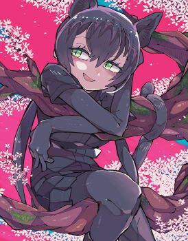 1girl absurdres animal_ears black_gloves black_hair black_leopard_(kemono_friends) black_pantyhose black_skirt blush crossed_arms elbow_gloves fang gloves green_eyes highres kanmoku-san kemono_friends leopard_ears leopard_girl leopard_tail long_hair low_twintails open_mouth pantyhose pleated_skirt short_sleeves sitting skirt smile solo tail twintails