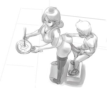 1boy 1girl age_difference anus ass ass_grab bottomless breasts casual_sex cleavage cooking doggystyle erection fixzhuzhu from_above frying_pan height_difference hetero high_heels housewife kitchen large_breasts large_penis leaning_forward long_hair mature_female monochrome multitasking penis pigeon-toed ponytail sex sex_from_behind shoes short_hair shota sketch standing thighhighs uncensored vaginal