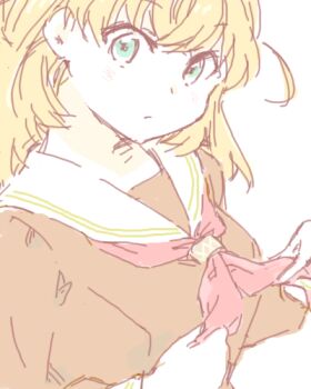 1girl aqua_eyes breasts brown_dress clothes_grab commentary dress hasu_no_sora_school_uniform hinoshita_kaho kt_(kima) link!_like!_love_live! long_sleeves looking_at_viewer love_live! lowres medium_breasts medium_hair neckerchief neckwear_grab orange_hair red_neckerchief sailor_collar sailor_dress school_uniform simple_background solo two_side_up virtual_youtuber white_background white_sailor_collar winter_uniform