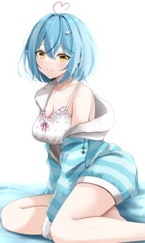 1girl absurdres ahoge aqua_jacket blue_hair blush breasts camisole cleavage closed_mouth collarbone commentary_request elf fluffy_clothes foot_out_of_frame fur-trimmed_jacket fur-trimmed_sleeves fur_trim hair_between_eyes hair_ornament heart heart_ahoge highres hololive jacket kamesys large_breasts long_hair looking_at_viewer official_alternate_costume pointy_ears polka_dot polka_dot_camisole short_hair simple_background sitting skirt sleepwear solo very_long_hair virtual_youtuber white_background white_camisole white_skirt yellow_eyes yukihana_lamy yukihana_lamy_(roomwear)