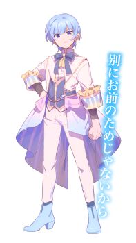 Rule 34 | 1boy, ankle boots, arm at side, ascot, blue boots, blue eyes, blue hair, blue ribbon, blue theme, blue vest, blunt bangs, boots, capelet, clenched hand, closed mouth, commentary request, ear piercing, earrings, frilled sleeves, frills, front slit, full body, genderswap, genderswap (ftm), glint, gold trim, hand on own hip, high collar, high heel boots, high heels, highres, jacket, jewelry, legs apart, magia record: mahou shoujo madoka magica gaiden, magical boy, mahou shoujo madoka magica, male focus, minami rena, musical note ornament, neck ribbon, pants, piercing, ribbon, serious, serizawa serizane, simple background, solo, soul gem, standing, stud earrings, tachi-e, tailcoat, translation request, two-sided tailcoat, vest, white background, white capelet, white jacket, white pants, yellow ascot