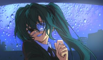 Rule 34 | 1girl, black eyes, black jacket, black necktie, blue hair, building, collared shirt, condensation, eyepatch, grin, hair between eyes, hatsune miku, highres, jacket, long hair, looking at viewer, medical eyepatch, monitoring (vocaloid), necktie, noisy9p, shirt, smile, solo, twintails, upper body, vocaloid, white shirt