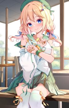 1girl absurdres beret blonde_hair blue_eyes blush bow chair collarbone detached_sleeves food fork fruit green_hat green_skirt hair_between_eyes hair_bow hair_ornament hat highres holding holding_fork long_hair origami_aya original outdoors shirt sidelocks sitting skirt sky smile solo strawberry table thighhighs twintails white_shirt white_sky white_thighhighs wide_sleeves