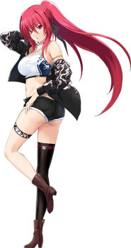 1girl arm_behind_head ass bare_shoulders black_jacket black_thighhighs breasts choukou_(alicesoft) choukou_taisen_escalation_heroines denim denim_shorts escalayer_reverse jacket large_breasts leg_up long_hair official_art onigirikun open_clothes open_jacket ponytail red_eyes red_hair shorts single_thighhigh thighhighs