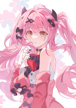 1girl abby_riddle absurdres bare_shoulders black_bow black_nails bow box choker detached_sleeves dress floral_background gift green_eyes hair_bow hair_ornament heart heart-shaped_box highres holding honkai:_nexus_anima honkai_(series) horns long_hair long_sleeves looking_at_viewer parayaya_(honkai:_nexus_anima) parted_lips pink_hair pink_sleeves pointy_ears shirt sleeveless solo twintails very_long_hair virtual_youtuber white_background white_shirt x_hair_ornament yellow_eyes
