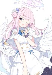 Rule 34 | 1girl, angel wings, blue archive, blush, breasts, capelet, commentary request, crescent, crescent pin, dress, feathered wings, flower, hair bun, hair flower, hair ornament, halo, highres, large breasts, long hair, looking at viewer, mika (blue archive), one eye closed, open mouth, pink hair, pink halo, purple flower, simple background, single side bun, smile, solo, suta0822, white background, white capelet, white dress, white wings, wings, yellow eyes