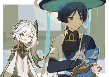 Rule 34 | 1boy, 1girl, ?, aqua hat, armor, arms behind back, averting eyes, black bodysuit, black bridal gauntlets, black hat, blue cape, blue gem, blue kimono, blue sleeves, blunt ends, bodysuit, border, bridal gauntlets, cape, closed eyes, colored tips, crossed arms, detached sleeves, dragon, dress, durin (genshin impact), embarrassed, eyelashes, facing to the side, frown, furisode, gem, genshin impact, gold, gold trim, green cape, green hair, green sleeves, grey eyes, hair between eyes, half crown braid, hat, head tilt, highres, japanese armor, japanese clothes, jingasa, juban, kimono, kote, kurokote, layered sleeves, light blush, long hair, looking to the side, mandarin collar, mini durin (genshin impact), multicolored hair, nahida (genshin impact), open clothes, open kimono, open mouth, parted bangs, pointy ears, purple sash, sash, scaramouche (genshin impact), short sleeves, shoulder peek, side ponytail, sidelocks, sketch, small dragon, streaked hair, tsurime, two-sided fabric, two-sided headwear, vision (genshin impact), wanderer (genshin impact), white border, white dress, white kimono, white sleeves, white trim, wispy bangs, yiyiyiyi670