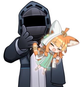 1girl 1other animal_ear_fluff animal_ears arknights black_gloves black_jacket blush cat_ears cat_girl cat_tail closed_eyes doctor_(arknights) dress ear_covers gloves green_dress highres hood hood_up jacket long_hair meme open_mouth orange_hair papyrus_(arknights) sandals shirt sidelocks single_ear_cover tail th3cr0ma white_shirt woe_plague_be_upon_ye_(meme)