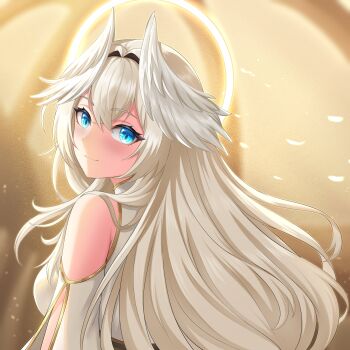 Rule 34 | 1girl, absurdres, angrycomputer studio, blue eyes, close-up, closed mouth, from behind, glowing, glowing halo, gold background, hair wings, halo, highres, light particles, long hair, looking at viewer, looking back, off shoulder, original, shirt, smile, solo, white hair, white shirt