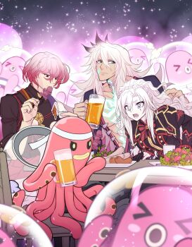 Rule 34 | > <, 1girl, 2boys, alien, beer mug, braid, commentary request, crown braid, cup, eating, fate/grand order, fate (series), food, grey hair, headband, highres, holding, holding skewer, kriemhild (fate), kriemhild (second ascension) (fate), mole, mole under eye, mug, multiple boys, multiple girls, octopus, red hair, ryuuran, salad, sausage, siegfried (fate), skewer, watanabe no tsuna (fate), white headband