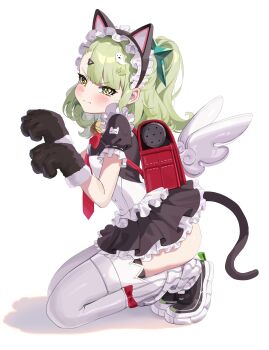Rule 34 | 1girl, absurdres, animal ear hairband, animal ears, animal hands, bell, black dress, black garter straps, black hair, bow, cat ear hairband, cat ears, cat tail, closed mouth, colored inner hair, commentary, crossed bangs, dress, earrings, fake animal ears, frilled dress, frills, garter straps, ghost hair ornament, gloves, green bow, green eyes, green nails, hair bow, hair ornament, hairband, hashtag-only commentary, heart, heart earrings, heart hair ornament, highres, jewelry, maid, maid headdress, multicolored hair, multiple hair bows, multiple hair clips, neck bell, official alternate costume, paw gloves, paw pose, ponytail, red bag, simple background, skl, sunna (afternoon tea break) (zenless zone zero), sunna (zenless zone zero), tail, white background, white wings, winged bag, wings, zenless zone zero