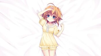 1girl :o ahoge arm_up blue_eyes blush breasts collarbone cowboy_shot dot_nose film_grain frilled_pajamas frills from_above game_cg izumi_tsubasu looking_at_viewer lying non-web_source official_art on_back orange_hair pajamas parted_lips re:stage! shikimiya_mana short_hair short_sleeves small_breasts solo yellow_pajamas