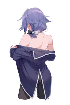 1girl bare_shoulders black_pants blue_coat coat cropped_legs from_behind fu_hua fu_hua_(valkyrie_accipiter) hair_ribbon highres honkai_(series) honkai_impact_3rd long_hair pants ribbon simple_background solo two-tone_ribbon undressing white_background zhaonan