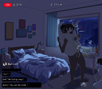 1girl 2boys absurdres bad_tag bed bedroom breasts censored completely_nude cum cum_in_pussy dark-skinned_male dark_skin english_text erection gag gagged grabbing_from_behind helmet highres huge_breasts interracial leg_grab legs_up livestream medium_penis mosaic_censoring multiple_boys netorare night nude on_bed original restrained sex talking vaginal