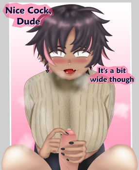 1girl alternative_version_available black_hair black_nail_polish black_nails blush bon_(vtuber) border breasts crop_top cropped_legs dark-skinned_female dark_skin drunk ear_piercing earrings eddarxart english_text fang fang_out fish_skeleton fish_skeleton_earrings foreskin foreskin_play foreskin_pull girthy_penis glans glansjob grey_eyes handjob highres holding huge_breasts indie_virtual_youtuber jewelry leaning_forward legs looking_at_viewer meme messy_hair miniskirt mob_face multicolored_hair nail_polish naughty_face nice_cock_(meme) parted_lips pencil_skirt penis penis_awe penis_grab piercing pink_background pink_hair pov pov_crotch precum ribbed_sweater sanpaku short_hair simple_background single_earring skirt slit_pupils smile smug speech_bubble steam streaked_hair sweater talking teasing tomboy translated turtleneck turtleneck_sweater two-tone_hair veins veiny_penis very_short_hair virtual_youtuber white_border white_sweater