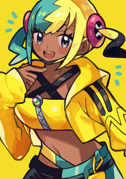 1girl :d anidler91 aqua_hair aqua_pants bandeau black_hair black_pants blonde_hair blue_eyes breasts canari_(pokemon) commentary dark-skinned_female dark_skin fingernails highres jacket long_sleeves looking_at_viewer medium_breasts midriff multicolored_hair nail_polish navel nintendo open_mouth pants pokemon pokemon_legends:_z-a short_hair sidelocks simple_background smile solo teeth twintails two-tone_pants upper_teeth_only yellow_background yellow_bandeau yellow_jacket yellow_nails