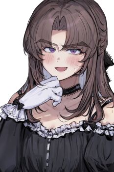 1boy absurdres ayase_ayato_(imamiya_pinoko) blush choker collarbone crossdressing crossdressing_(mtf) fang gloves grey_background highres imamiya_pinoko long_hair long_sleeves looking_at_viewer maid male_focus open_mouth original parted_bangs simple_background skin_fang smile solo thick_eyebrows trap upper_body white_gloves