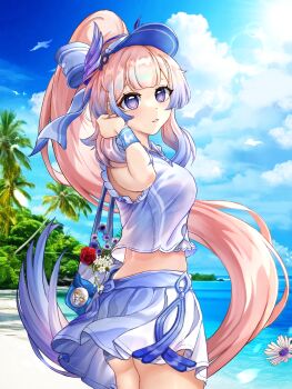 1girl alternate_costume ass bag beach bird blue_sky blunt_bangs breasts casual cloud cloudy_sky coconut_tree colored_tips contemporary denghuo_ranqi_ust flower from_behind genshin_impact gradient_hair handbag high_ponytail highres horizon long_hair looking_at_viewer looking_back midriff multicolored_hair no_pupils ocean outdoors palm_tree parted_lips pink_hair ponytail purple_eyes purple_hair rose sangonomiya_kokomi sangonomiya_kokomi_(pulse+) shirt sidelocks skirt sky solo tree