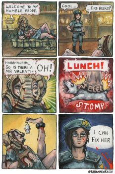 Rule 34 | 2girls, absurdres, artist name, bed, beret, black gloves, blood, blood on face, blue hat, blue shirt, commentary, english commentary, fingerless gloves, gloves, hand on own hip, hat, highres, jill valentine, lisa trevor, mouse (animal), multiple girls, on bed, resident evil, resident evil 1, rhiannon kagoe, shirt, shoulder pads, speech bubble