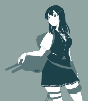 1girl breasts commentary_request dated gloves greyscale hair_between_eyes hair_ornament hairclip halca_(technodrome) highres kantai_collection long_hair monochrome neck_ribbon oyashio_(kancolle) ribbon rigging school_uniform shirt short_sleeves simple_background skirt solo thigh_strap twitter_username vest