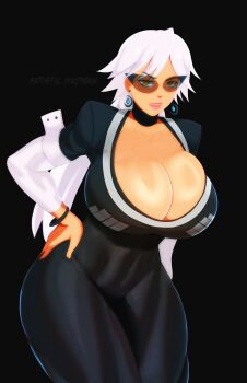 1girl absurdres artistic_madman basquash! breasts cleavage haruka_gracia highres huge_breasts sunglasses white_hair