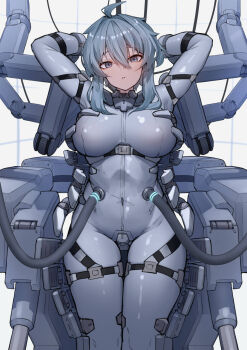 1girl ahoge arms_behind_head arms_up blue_bodysuit blue_eyes blue_hair bodysuit breasts cable covered_navel grey_bodysuit hair_between_eyes highres impossible_bodysuit impossible_clothes large_breasts looking_at_viewer medium_hair original parted_lips ringobatake solo white_bodysuit