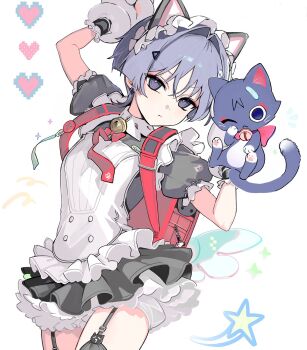 Rule 34 | 1boy, animal ear hairband, animal ears, animal hands, apron, aqua wings, backpack, bag, bandaid, bell, black dress, black sleeves, black thighhighs, bloomers, blunt ends, bow, boy o, bright pupils, cat, cat ears, cat paws, choppy bangs, closed mouth, cosplay, cowboy shot, crime prevention buzzer, crossdressing, crossdressing (mtf), dress, earrings, eyeliner, fake animal ears, frilled apron, frilled dress, frilled hairband, frills, garter belt, genshin impact, grey hair, hair intakes, hair ornament, hairband, hands up, heart, highres, jewelry, jingle bell, light frown, looking at viewer, low wings, maid, maid apron, maid headdress, makeup, male focus, neck bell, necktie, notice lines, paw pose, pink bow, puffy sleeves, purple cat, purple eyes, randoseru, red bag, red eyeliner, red necktie, ribbon-trimmed sleeves, ribbon trim, scaramouche (cat) (genshin impact), scaramouche (genshin impact), short dress, short sleeves, solo, star (symbol), sunna (afternoon tea break) (zenless zone zero), sunna (zenless zone zero), sunna (zenless zone zero) (cosplay), thighhighs, triangle earrings, triangle hair ornament, tsurime, underwear, white background, white bloomers, white hairband, white pupils, wings, zenless zone zero