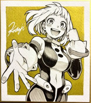 1girl blush blush_stickers bodysuit boku_no_hero_academia breasts cowboy_shot highres kobaji looking_at_viewer medium_breasts monochrome open_mouth short_hair smile solo superhero_costume uraraka_ochako yellow_background