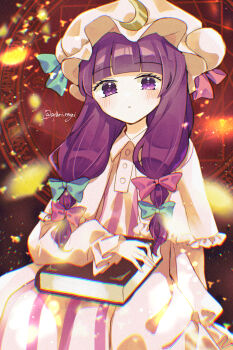 Rule 34 | 1girl, blue bow, blue ribbon, blunt bangs, book, bow, capelet, closed mouth, collared dress, commentary request, crescent, crescent hat ornament, dress, embers, frilled capelet, frills, hair bow, hat, hat ornament, hat ribbon, highres, holding, holding book, katsuragi atori, light particles, long hair, long sidelocks, long sleeves, looking at viewer, magic circle, mob cap, multiple hair bows, object on lap, patchouli knowledge, purple bow, purple eyes, purple hair, purple ribbon, ribbon, robe, sidelocks, sitting, solo, striped clothes, striped dress, touhou, twitter username, vertical-striped clothes, vertical-striped dress, white capelet, white hat, white robe