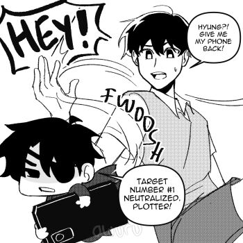 2boys areuwuu black_hair collared_shirt double-parted_bangs english_text hair_between_eyes highres holding holding_phone kim_dokja male_focus mini_person miniboy multiple_boys oldest_dream omniscient_reader&#039;s_viewpoint phone shirt shorts sound_effects sweatdrop vest yoo_joonghyuk yoo_joonghyuk_(999th_turn)